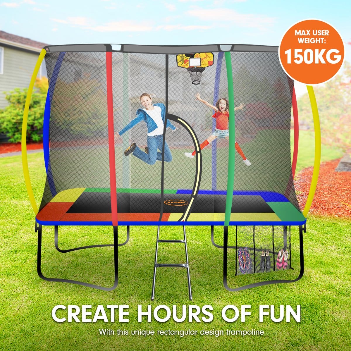 Trampoline 6ft x 9ft Rectangular Outdoor Rainbow Basketball Set