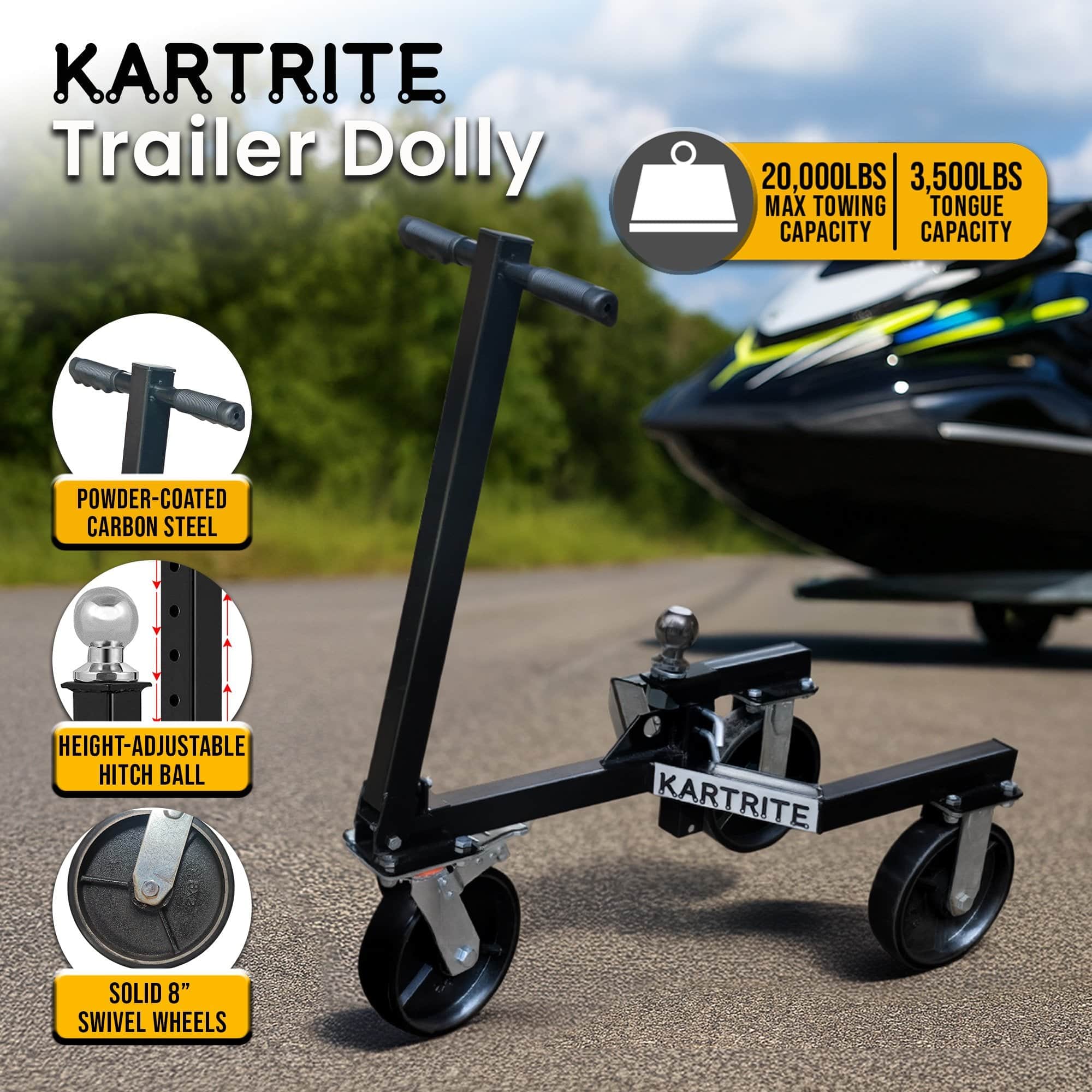 1500Kg - Trailer Dolly Adjustable 2in Hitch Ball 1500kg Tongue Weight Capacity 8in Swivel Whe