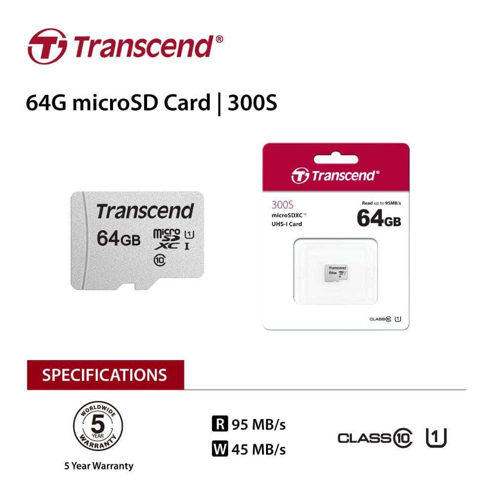 Transcend Ts64 Gusd300 S 64 Gb Uhs-I U1 Micro Sd W/o Adapter  (micro Sdhc I, C10, U1)