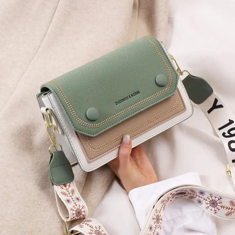 Trendy Colorblock Crossbody Bag with Stitch Detail Flap & Wide Strap: Casual Shoulder Purse Square Shape