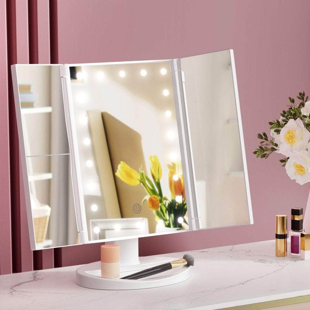 Tri-fold Makeup Mirror 1X2X3X Magnifying with LED Light Travel Portable