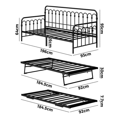 Trundle Bed Frame Daybed Single Size Base Metal Black