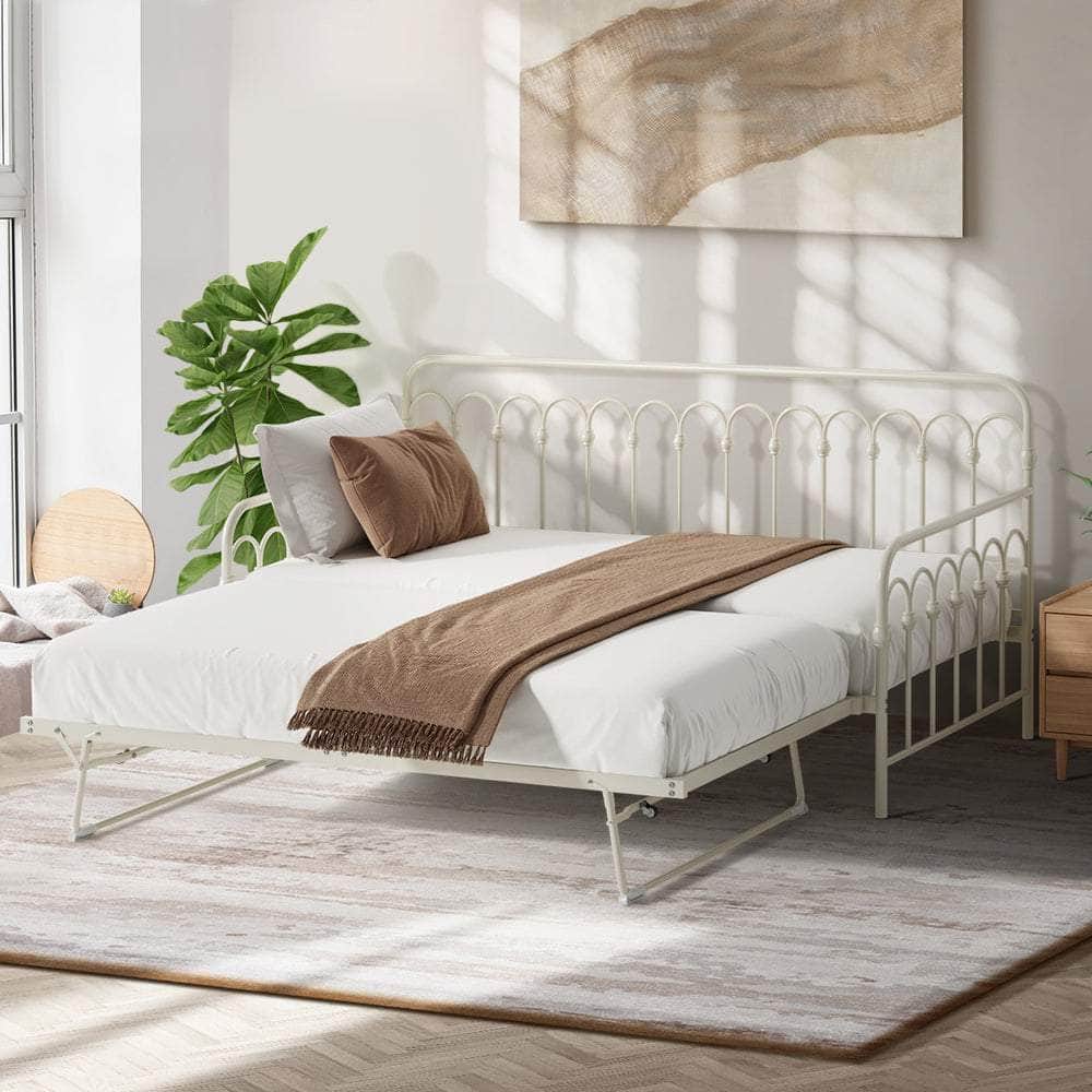 Trundle Bed Frame Daybed Single Size Metal Base in Beige for Bedroom Use