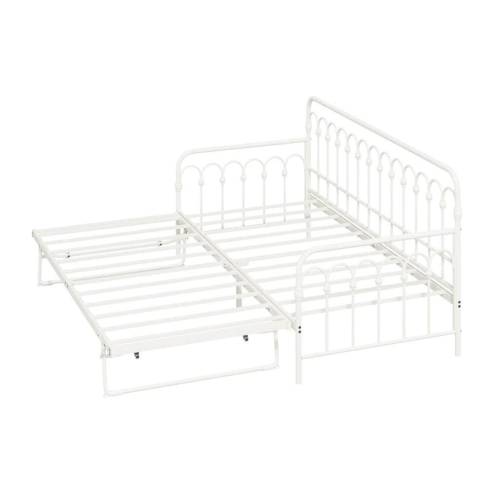 Trundle Bed Frame Daybed Single Size Metal Base in Beige for Bedroom Use