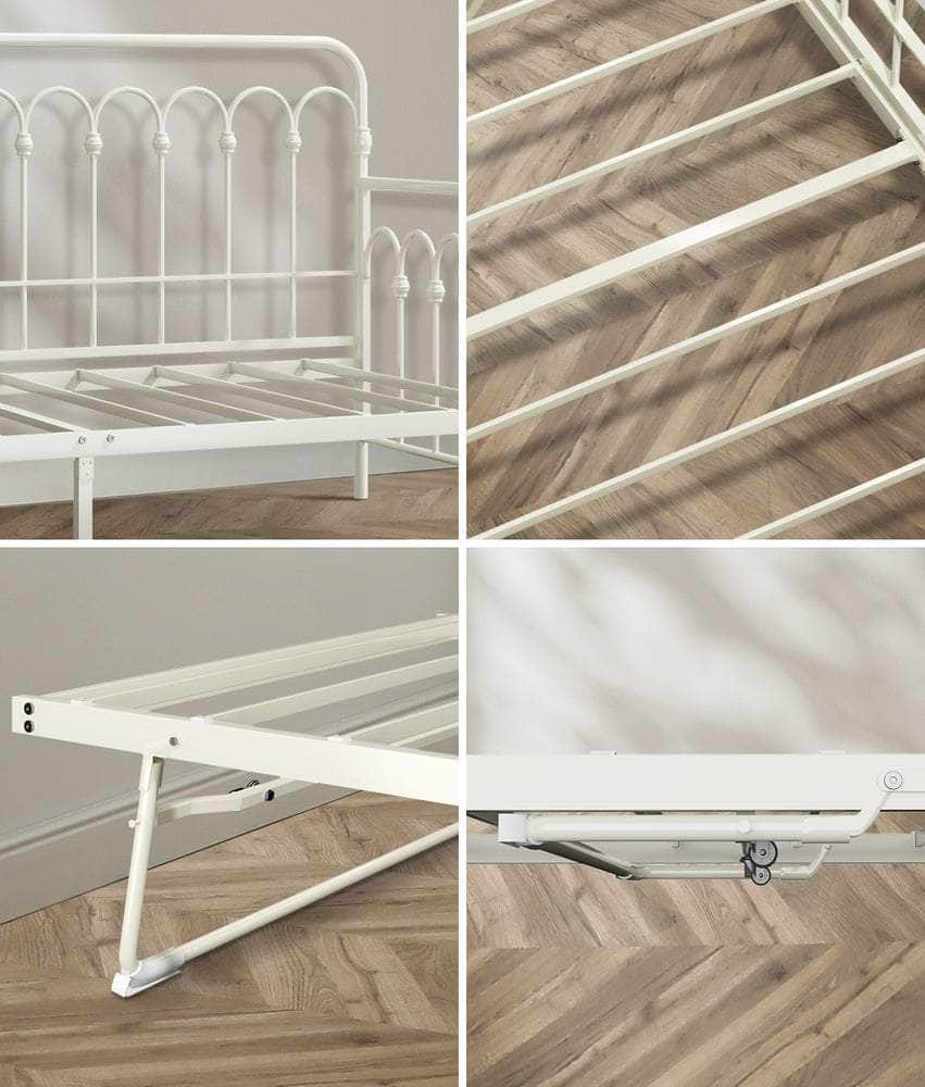 Trundle Bed Frame Daybed Single Size Metal Base in Beige for Bedroom Use