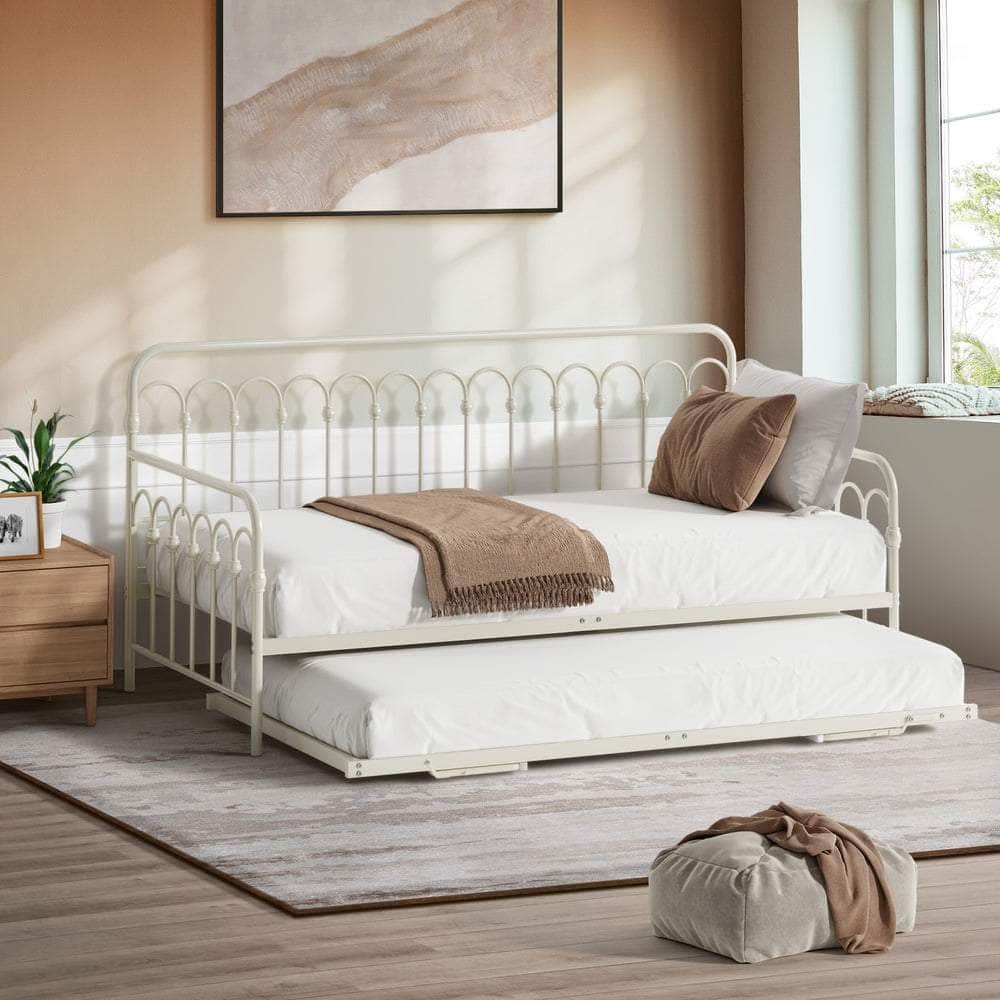 Trundle Bed Frame Daybed Single Size Metal Base in Beige for Bedroom Use