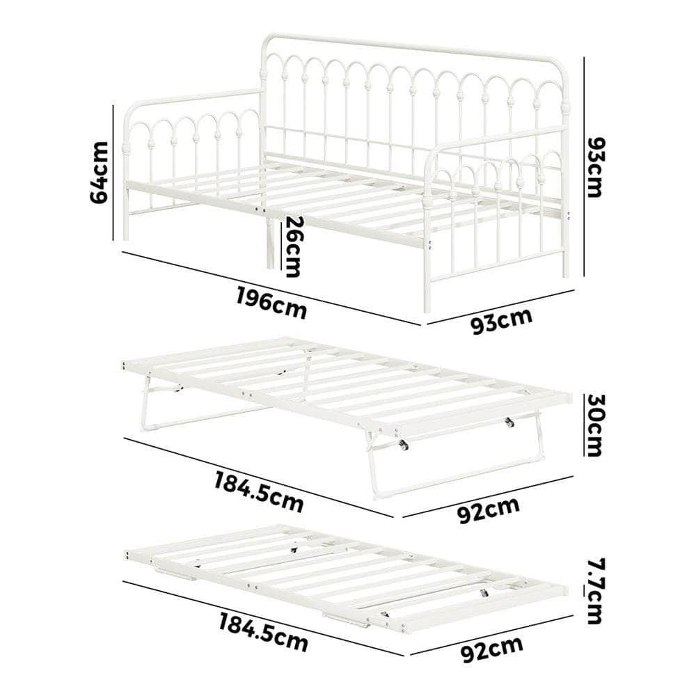 Trundle Bed Frame Daybed Single Size Metal Base in Beige for Bedroom Use