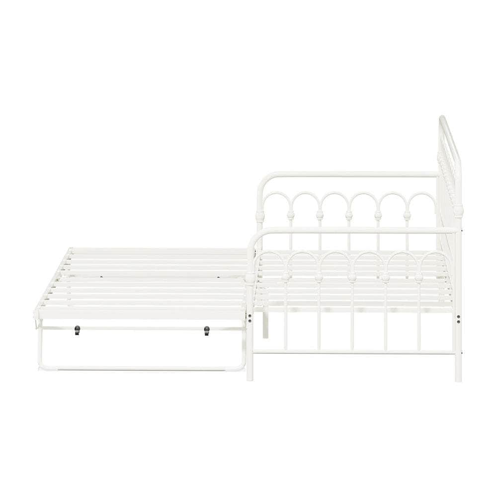 Trundle Bed Frame Daybed Single Size Metal Base in Beige for Bedroom Use