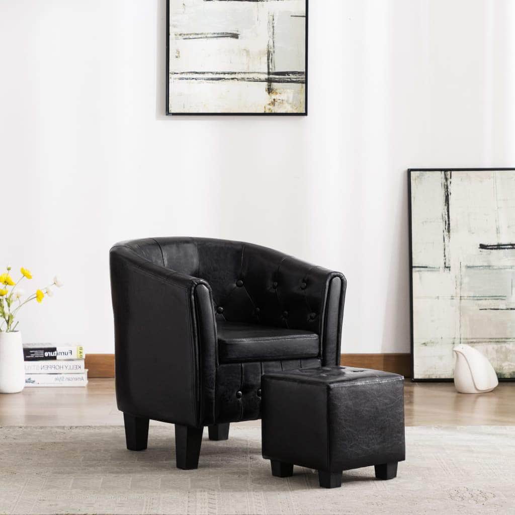Tub Chair with Footstool Black faux Leather