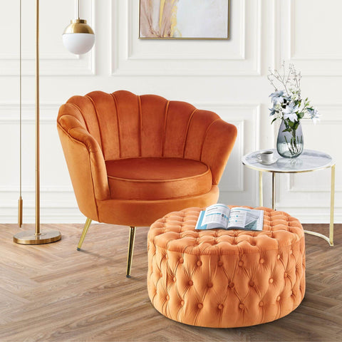 Tufted Velvet Fabric Round Ottoman Footstools - Cinnamon