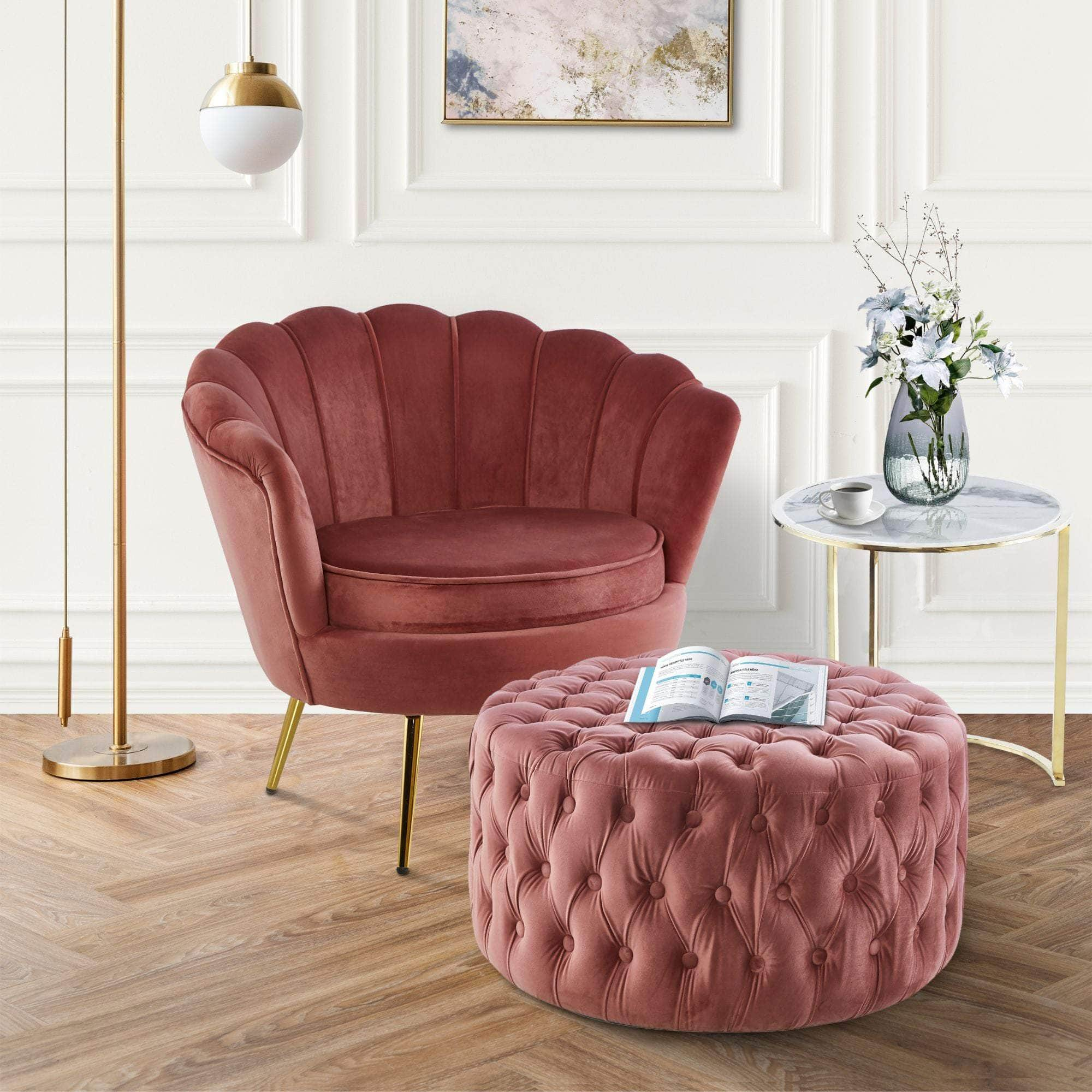 Tufted Velvet Fabric Round Ottoman Footstools - Rose Pink