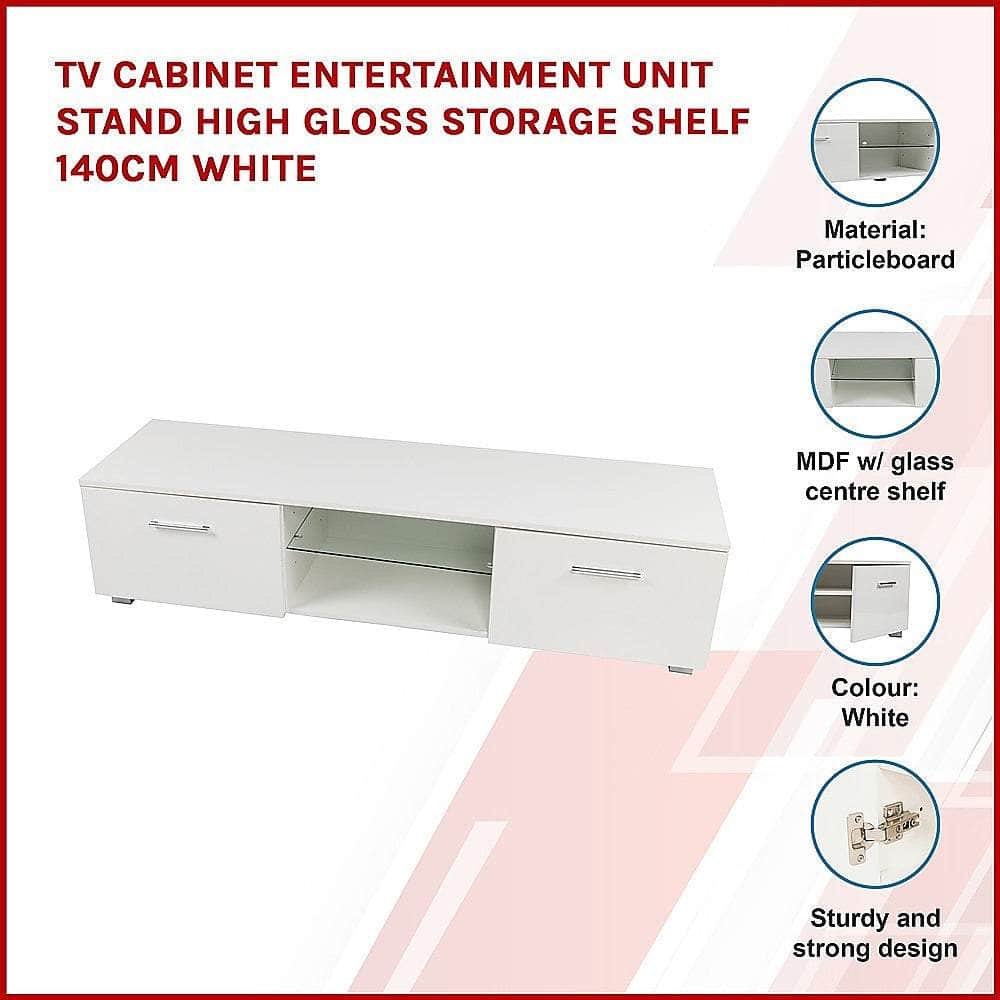 Tv Cabinet Entertainment Unit High Gloss 140Cm White Shelf