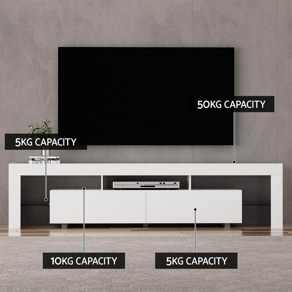 TV Cabinet Entertainment Unit Stand RGB LED Gloss Furniture 200cm White
