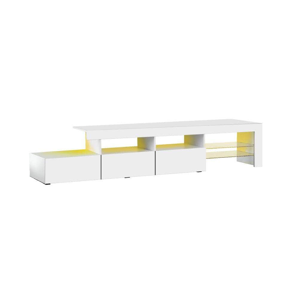 TV Cabinet Entertainment Unit Stand RGB LED Gloss Furniture White 220cm