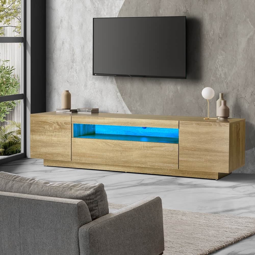 TV Cabinet Entertainment Unit Storage Shelf Natural Wood 180cm Living Room