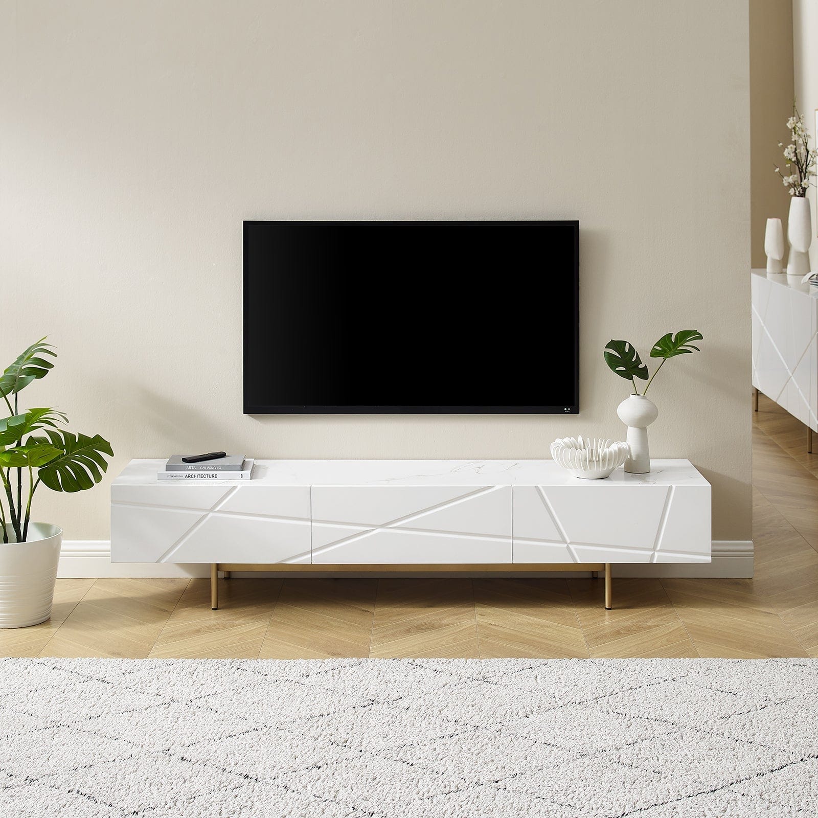 TV Units - Tv Cabinet Mdf Glossy Storage Drawers Metal Base Entertainment Unit