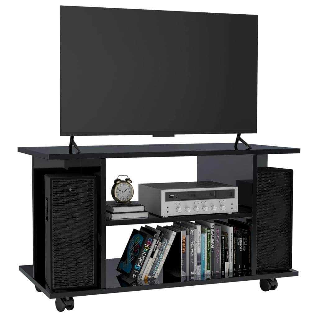 TV Cabinet with Castors High  Gloss Black Chipboard
