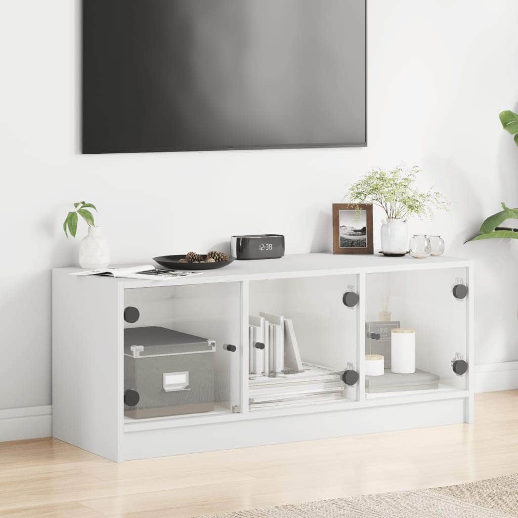 TV Cabinet with Glass Doors-White | Elegance