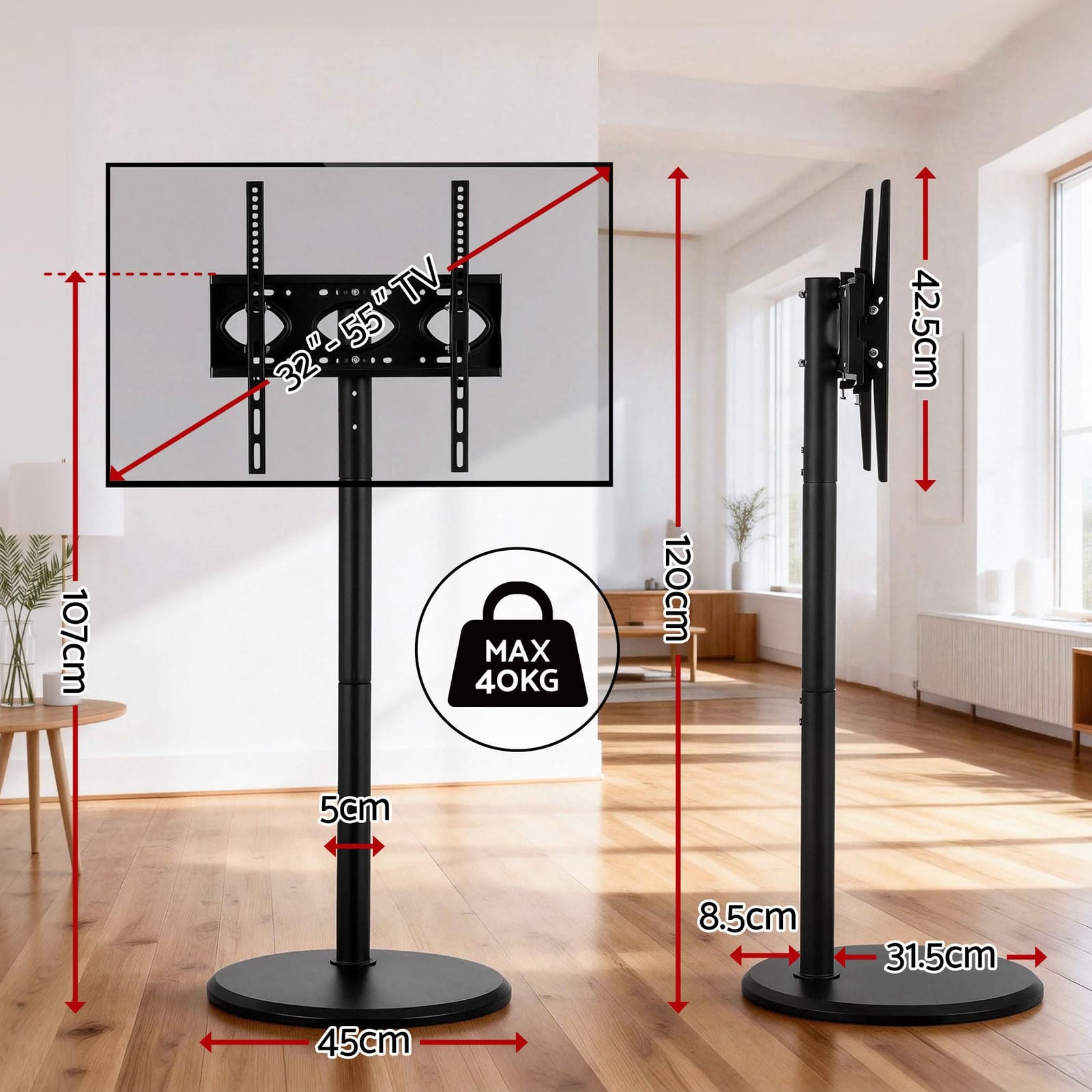 32-55 Inch Mobile TV Stand with Wheels Adjustable Height Tilt Floor Mount - photo 2