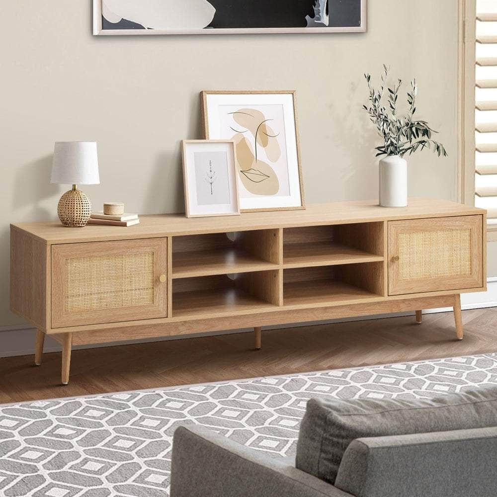 TV Stand Cabinet Entertainment Unit 180cm Rattan Doors Oak