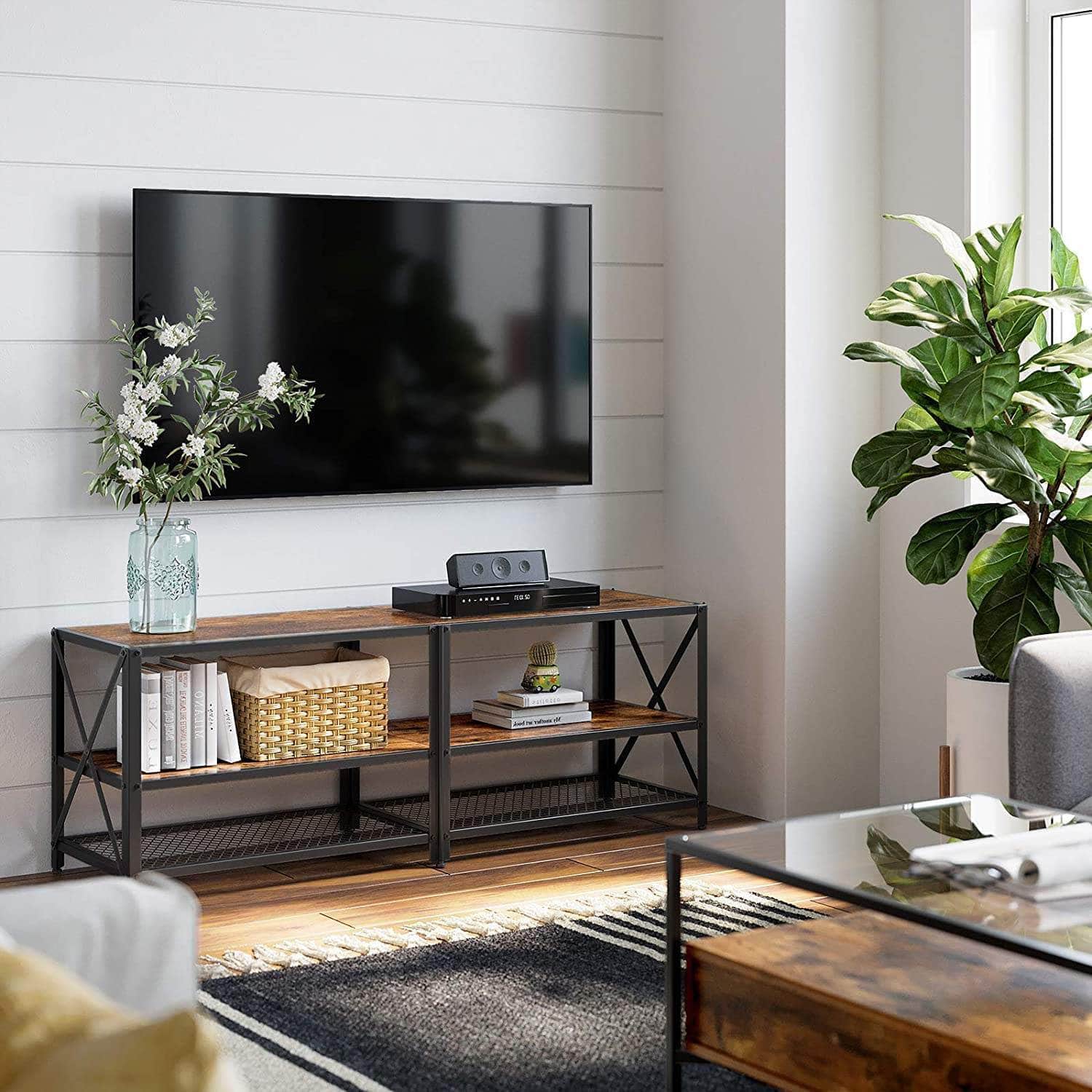 Tv Stand For 60-Inch Tv With Industrial Style Steel Frame Rustic Brown And Black