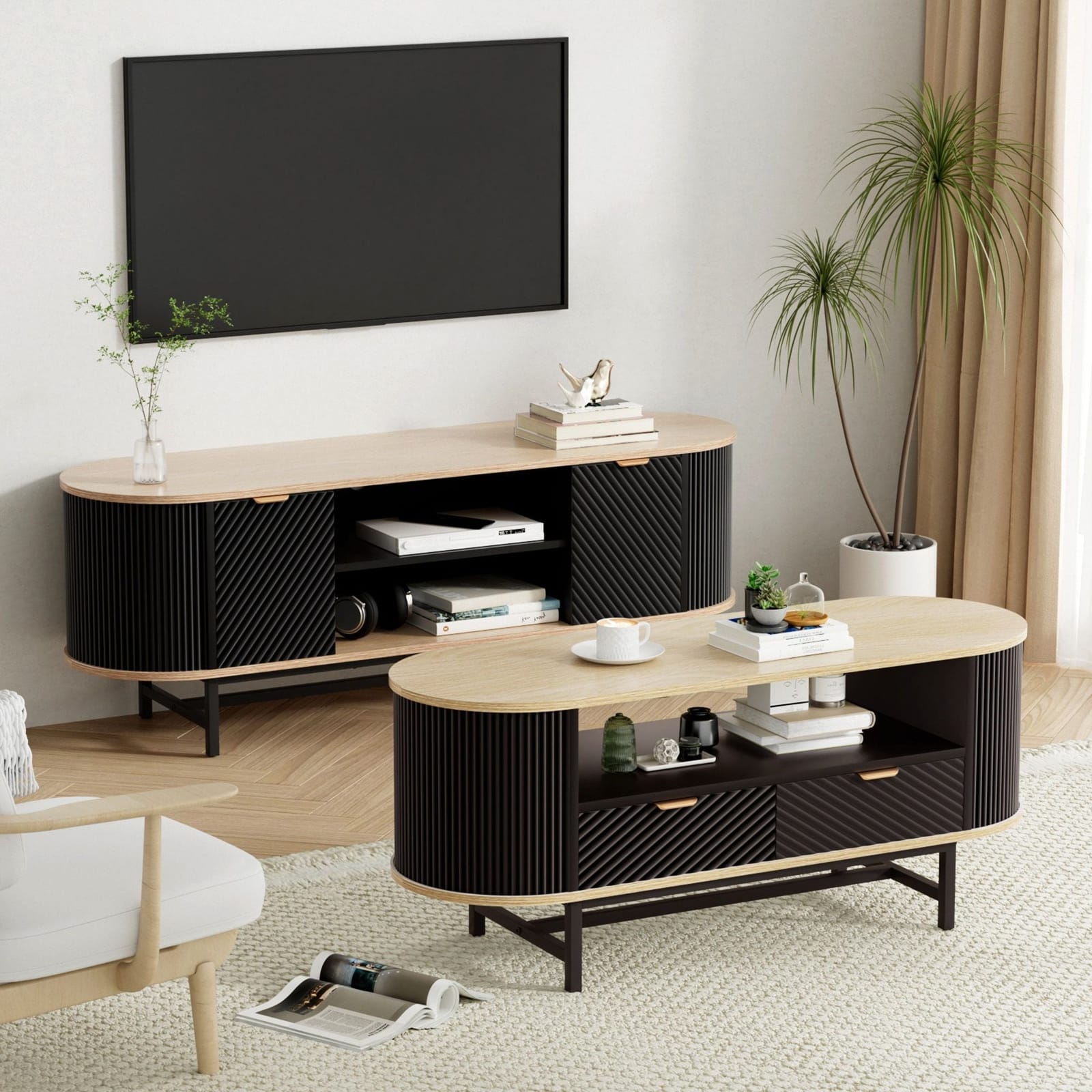 TV Unit Coffee Table Set Storage Drawers Black Pine | Simpledeals
