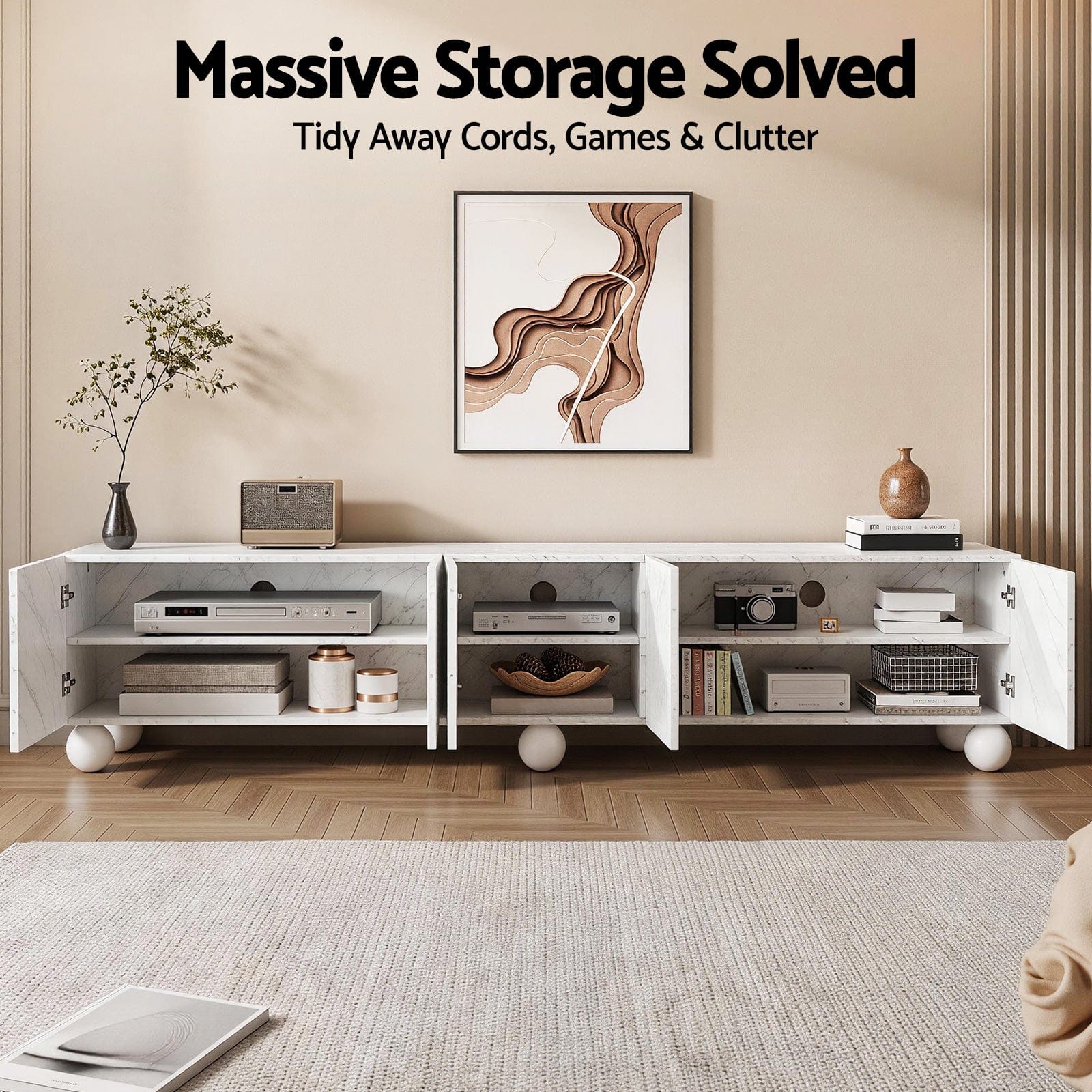 200cm TV Unit Entertainment Cabinet White | Simpledeals