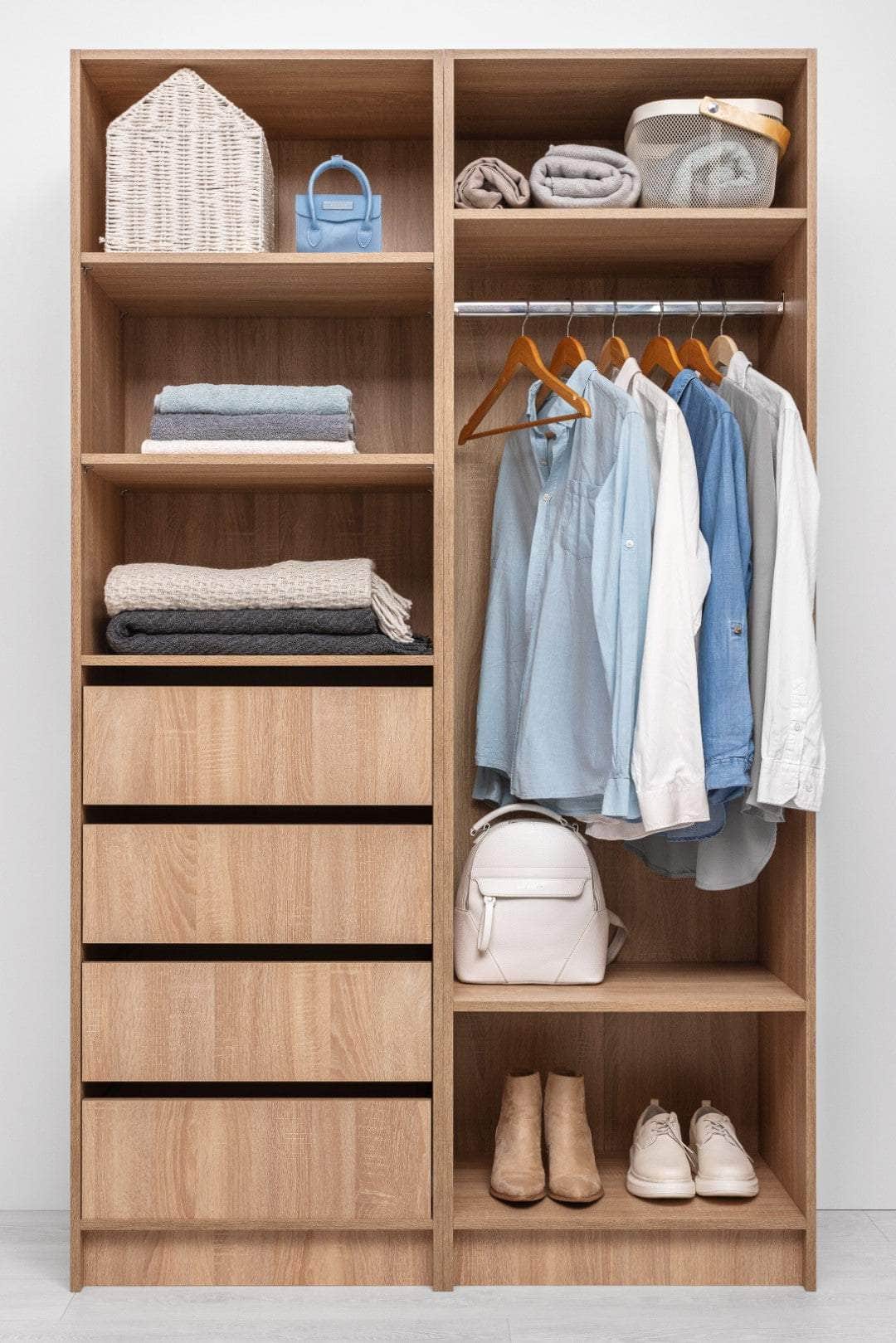 Two Shelf/Hangrail Walk In Wardrobe - Nordic Ash/Natural Oak