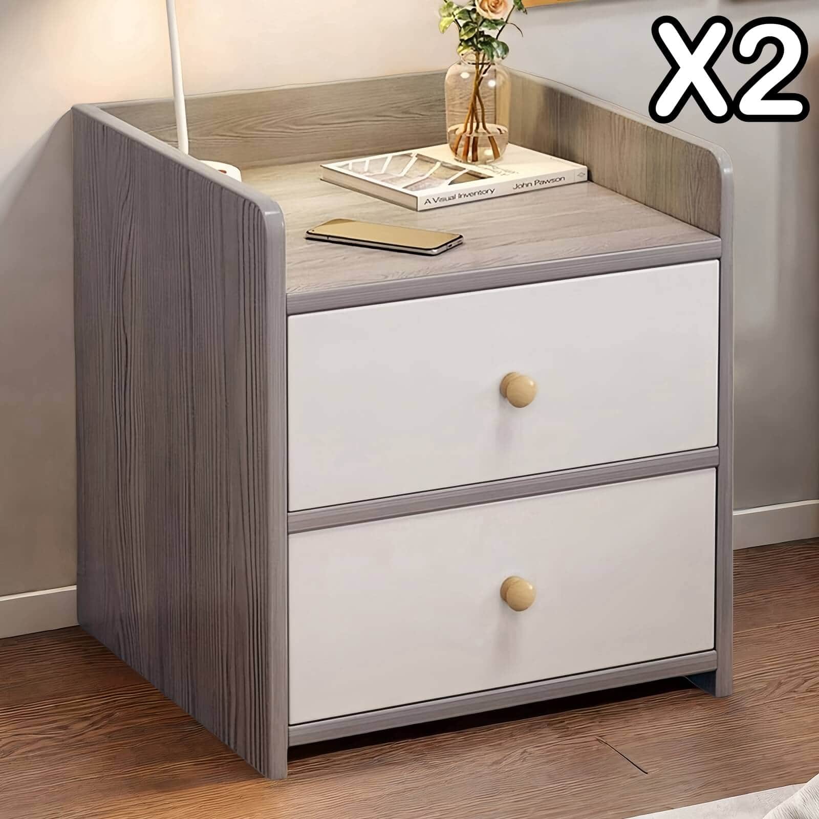 Two-Tone Nightstand Light Gray Wood White Drawers Safety Edge Wooden Knobs