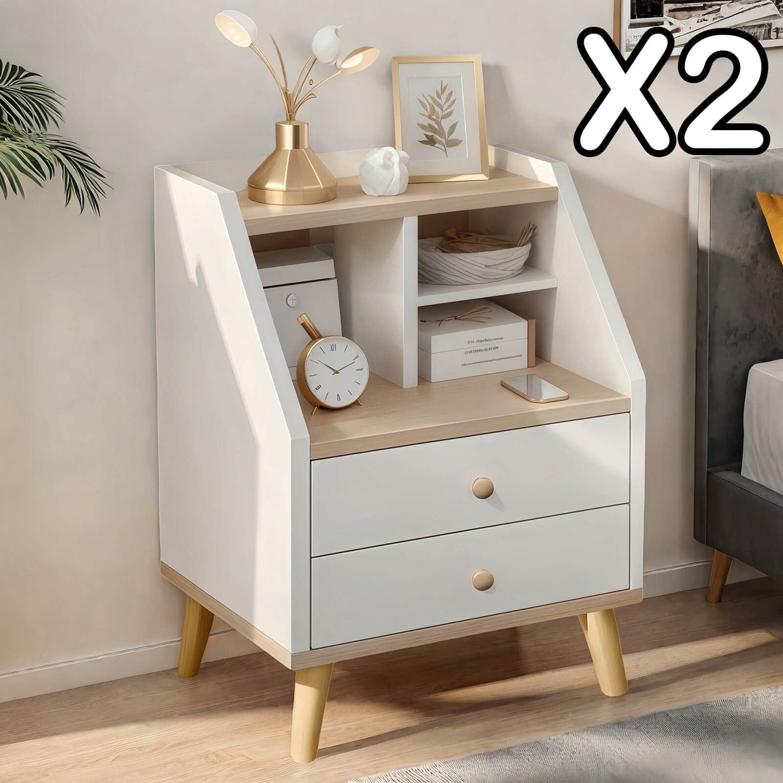 Two-Tone Nightstand Wooden Legs Compartment Storage Drawers White Wood Design