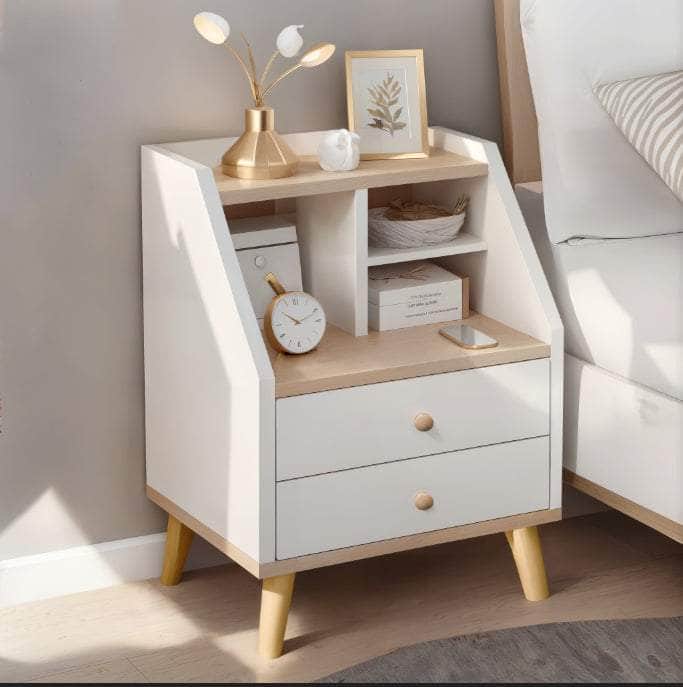 Two-Tone Nightstand Wooden Legs Compartment Storage Drawers White Wood Design