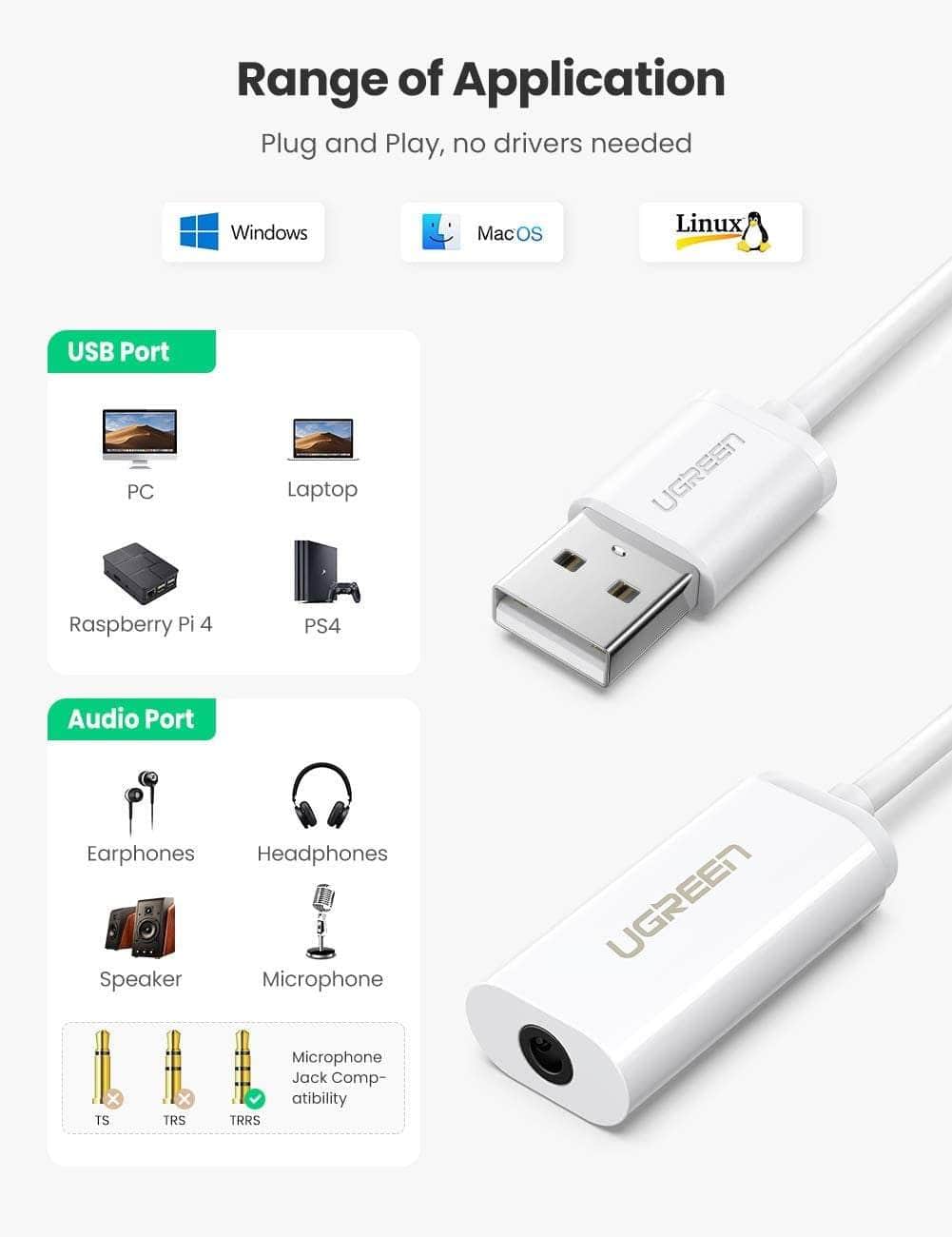 UGREEN USB A Male to 3.5 mm Aux Cable (White)