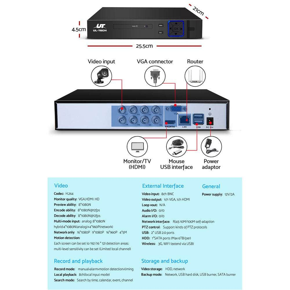 Ul-Tech 8Ch 5 In 1 Dvr Cctv Security System Video Recorder /W 4 Cameras 1080P Hdmi Black