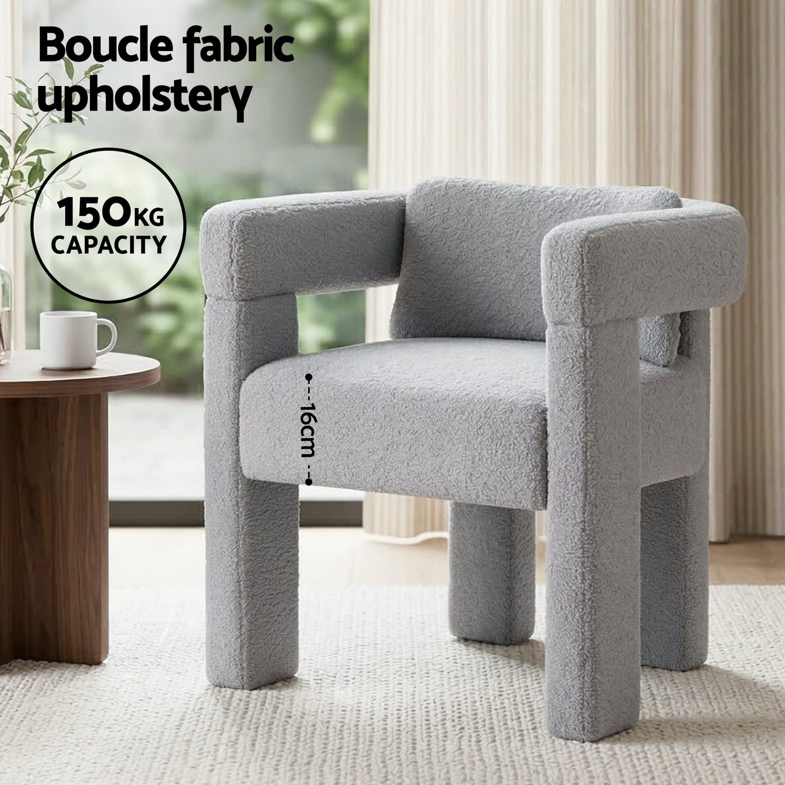 Grey Boucle Armchair with Supportive Backrest