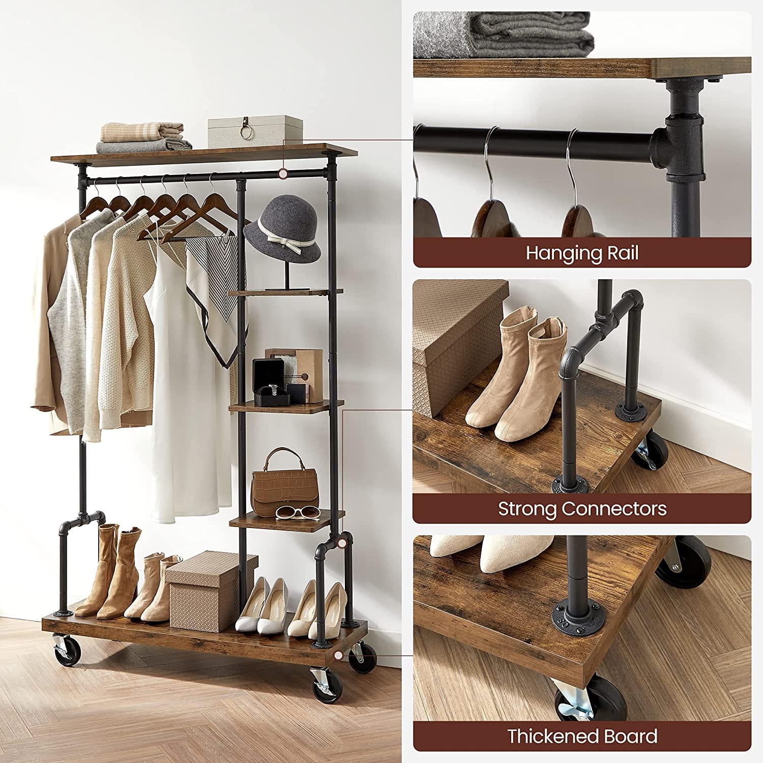 Clothing & Wardrobe Storage - Clothing Garment Rack On Wheels With 5-Tier, Industrial Pipe Style, Rustic Bro - photo 11