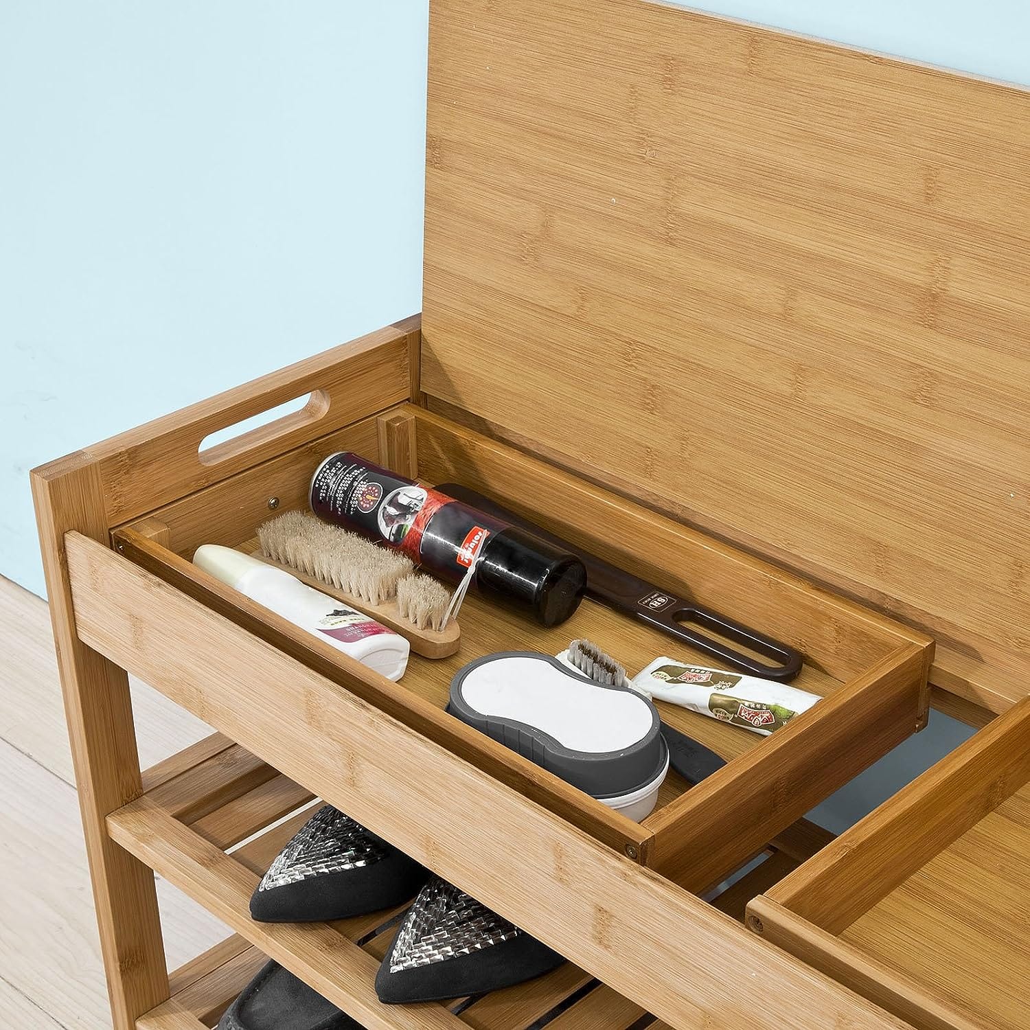 Bamboo Shoe Bench Drawers Lift Top with Bamboo finish