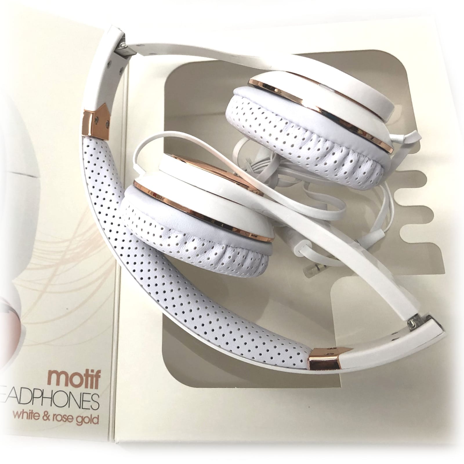 White Rose Gold Holysmoke Motif On Ear Foldable Headphones with White colour