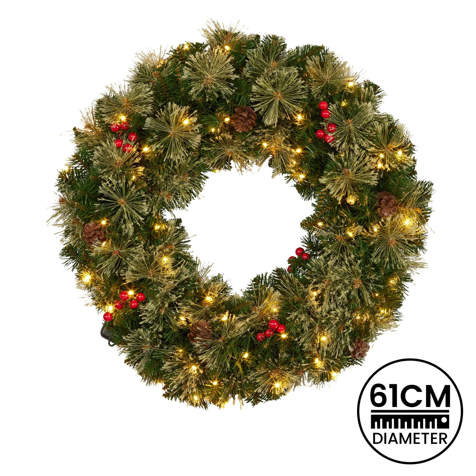 Pine finish - 61cm Christmas Wreath LED Lights Pine Cones Berries Front Door Decor