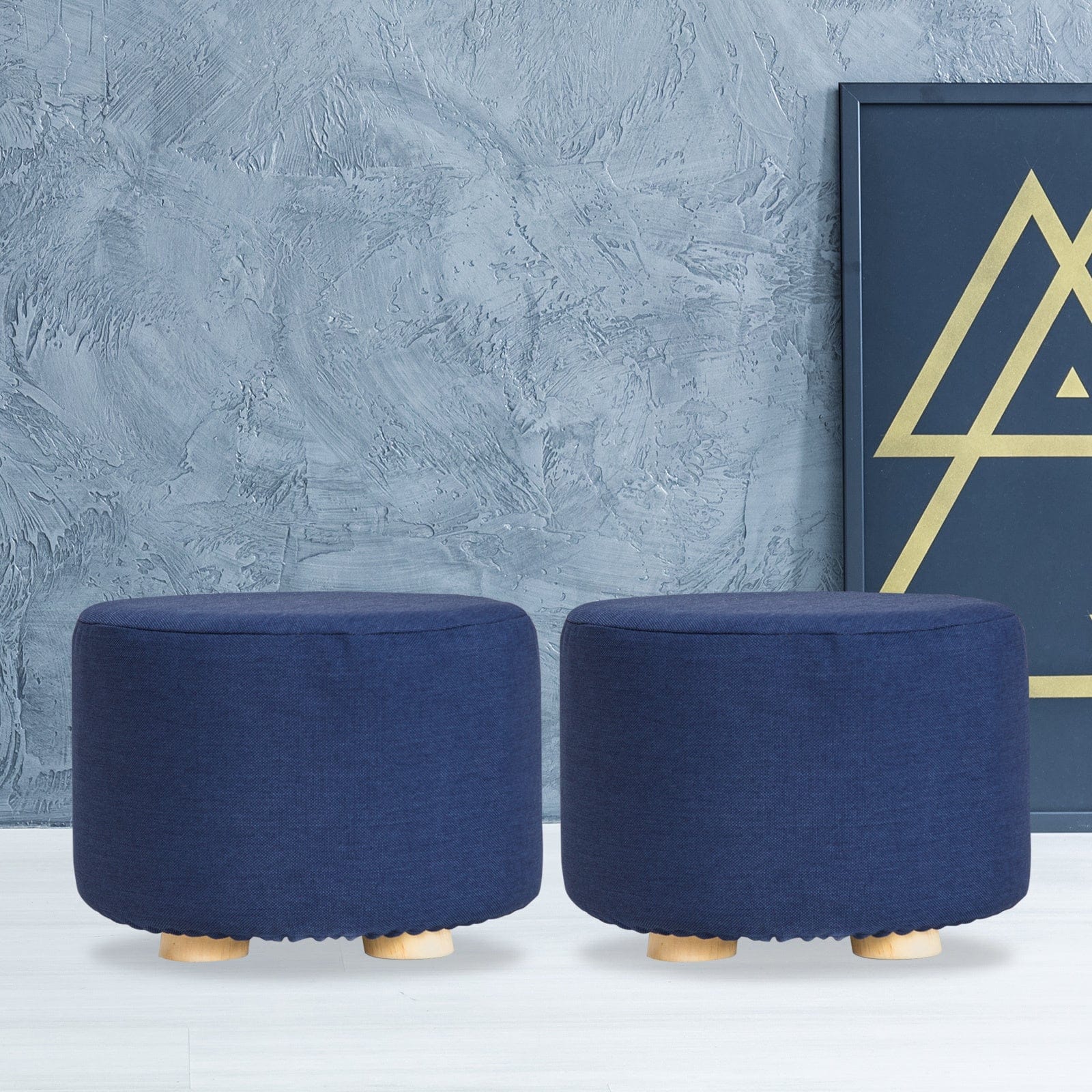 2X Fabric Ottoman Round Wooden Leg Foot Stool - DARK BLUE - Fabric finish