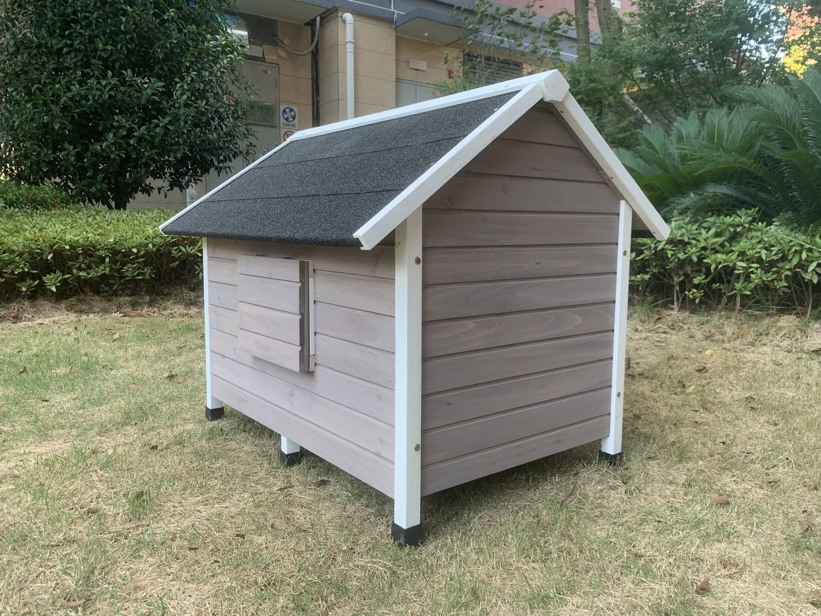 Wooden finish - L Timber Pet Dog Kennel House Puppy Wooden Timber Cabin Grey