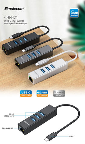 Aluminium Usb-C To 3 Port Usb Hub With Gigabit Ethernet Adapter Silver