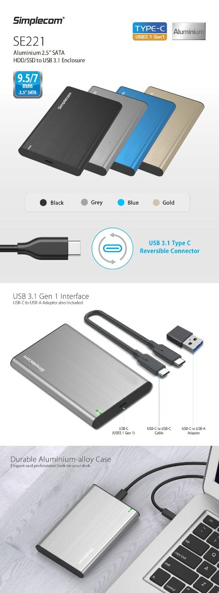 Blue colour - Aluminium 2.5'' Sata Hdd/Ssd To Usb 3.1 Enclosure Blue