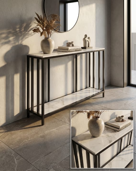 Bronte Dual Layer Marble Stone Console - White Marble Stone, Bathtubs