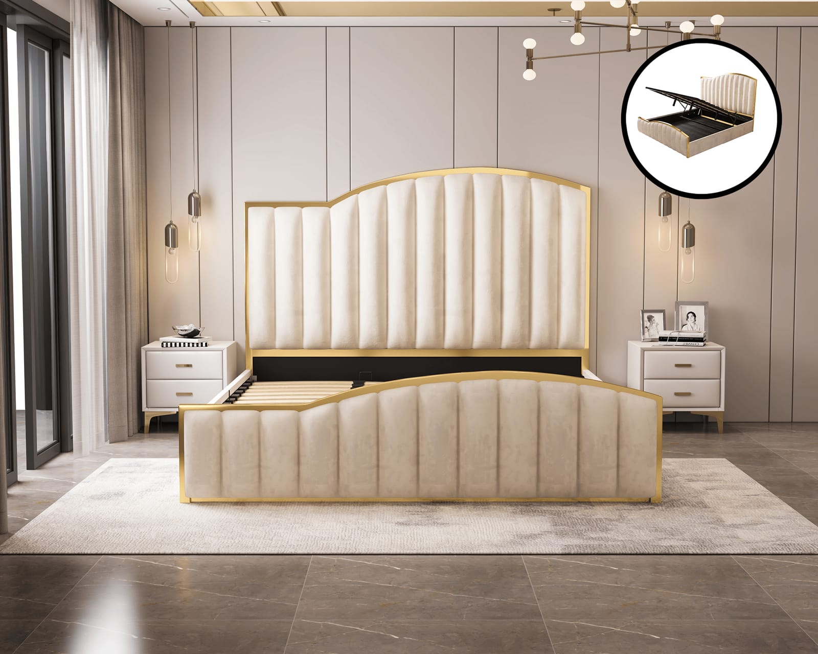 Beds & Bed Frames - King Size Gas Lift Bed Frame With Velvet Fabric Storage Beige Elegant Luxury Design