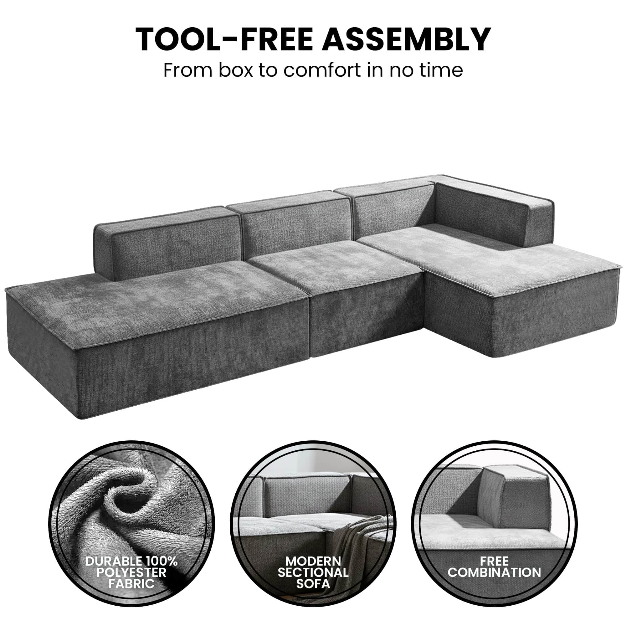 Vani 3-Seater Modular Sofa Set Dark Grey Modern Living Room Furniture