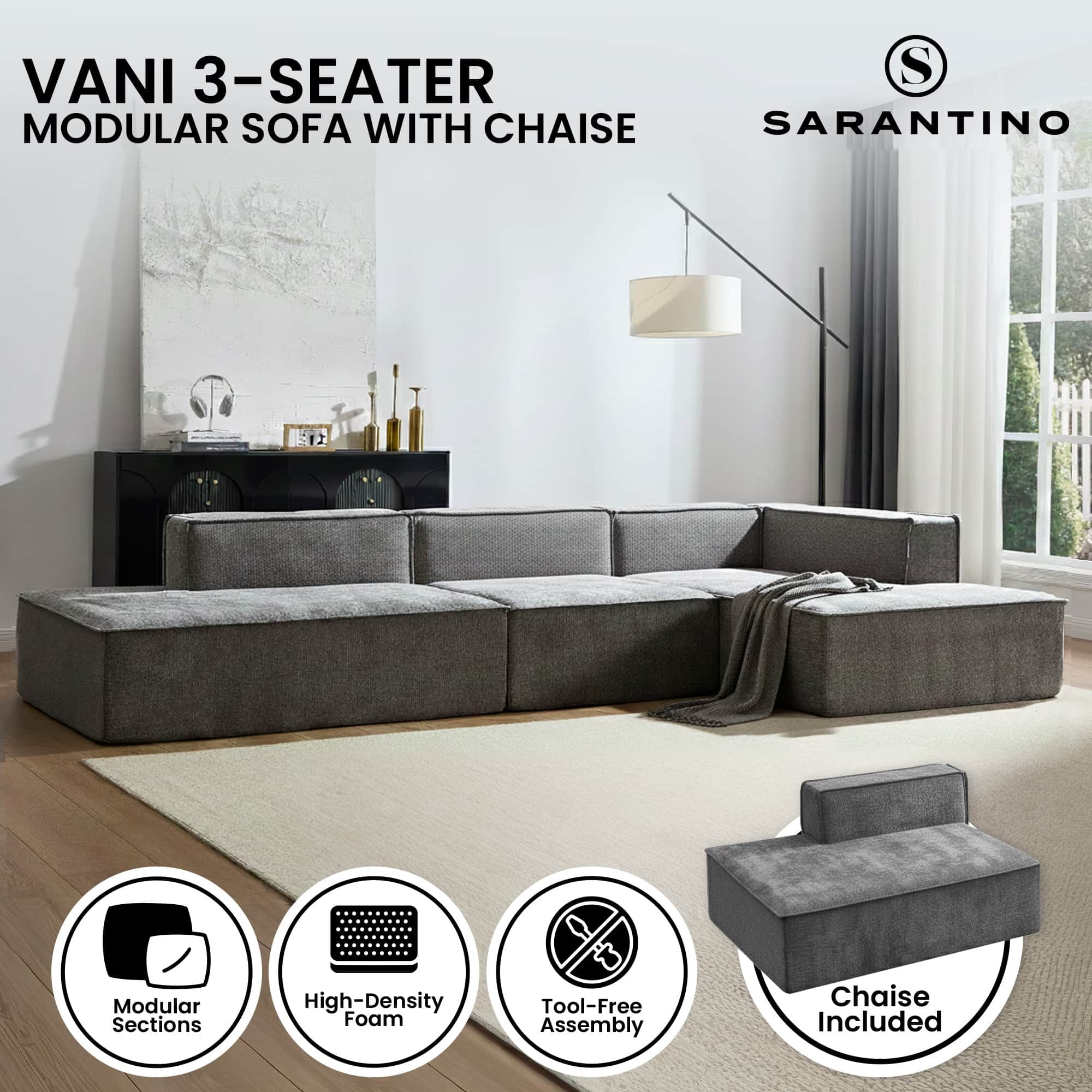 Vani 3-Seater Modular Sofa Set Dark Grey Modern Living Room Furniture