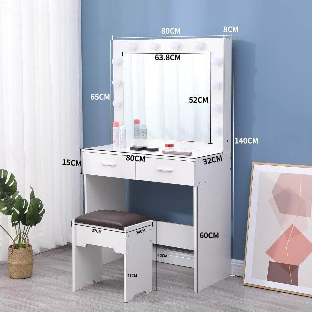 Vanity Set With Cushioned Stool And Lighted Mirror- White