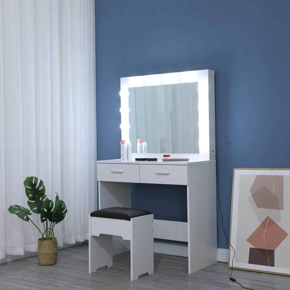 Vanity Set With Cushioned Stool And Lighted Mirror- White