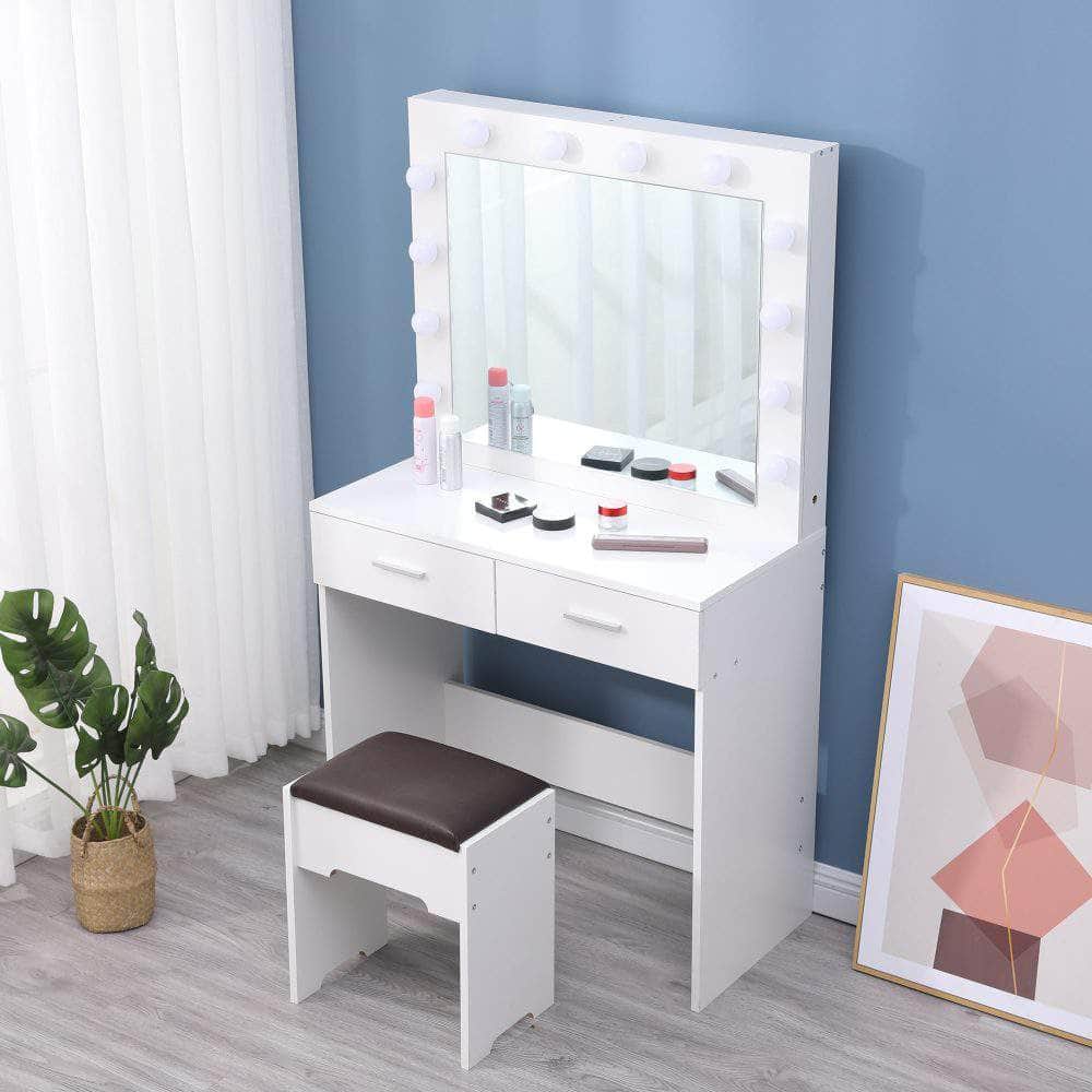 Vanity Set With Cushioned Stool And Lighted Mirror- White
