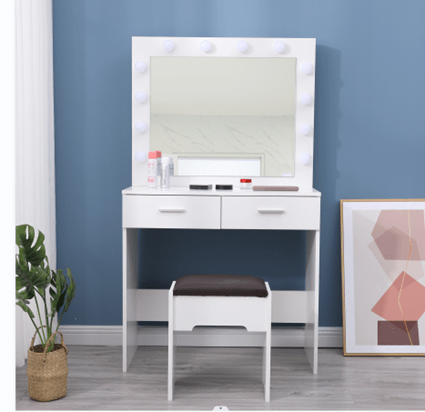 Vanity Set With Cushioned Stool And Lighted Mirror- White